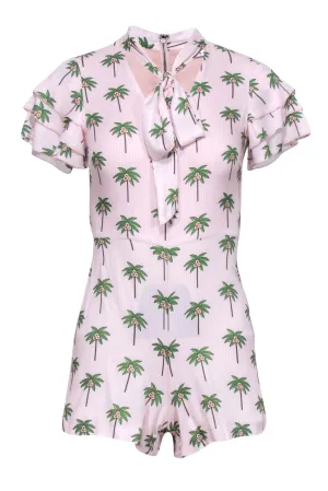 Alice & Olivia - Pink & White Striped Palm Tree Print Romper Sz 0