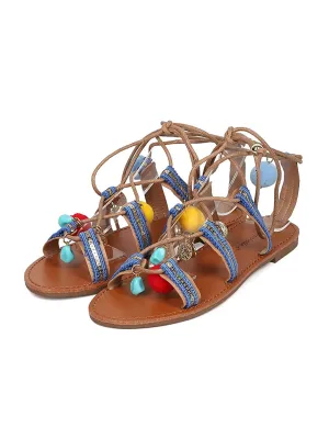 Breckelles Kylee-22 Natural Nude Pom Pom Open Toe Tie Up Gladiator Sandals