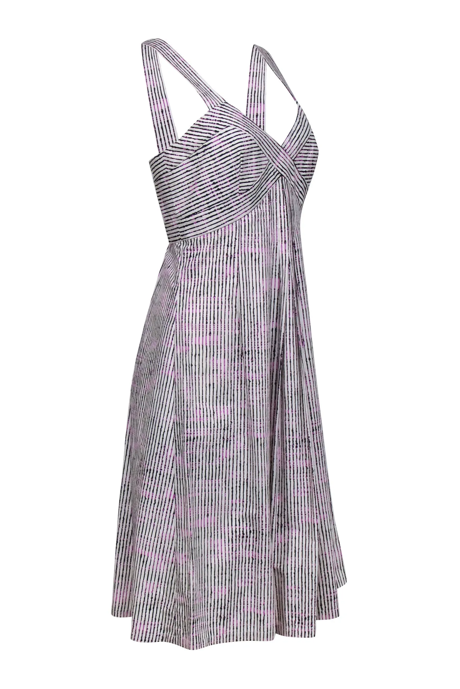 Carolina Herrera - Ivory w/ Pink & Black Stripe Print Cotton Midi Dress Sz 8