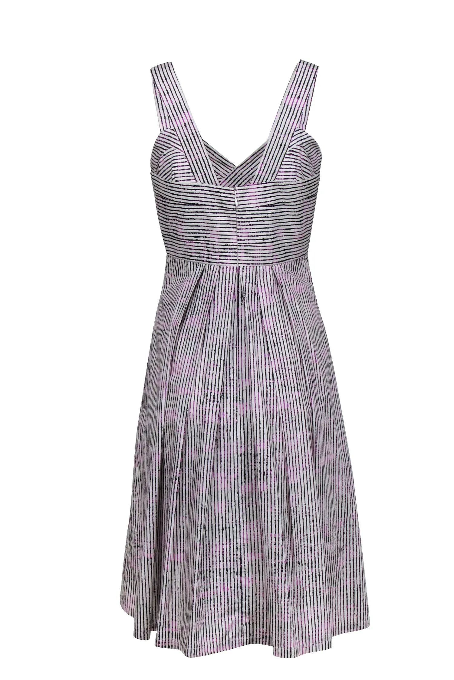Carolina Herrera - Ivory w/ Pink & Black Stripe Print Cotton Midi Dress Sz 8
