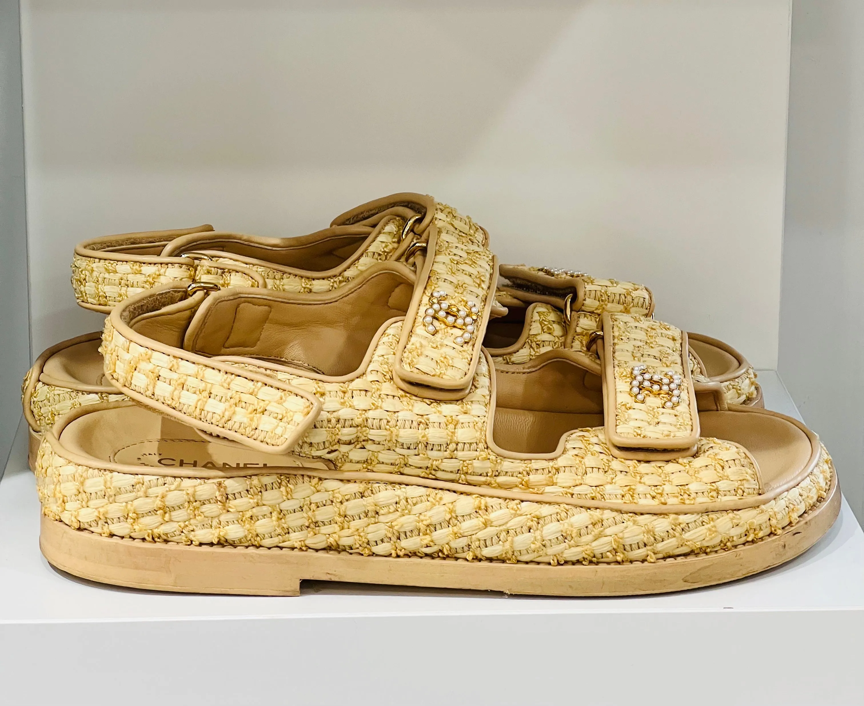 CHANEL BRAIDED RAFFIA VELCRO DAD SANDALS