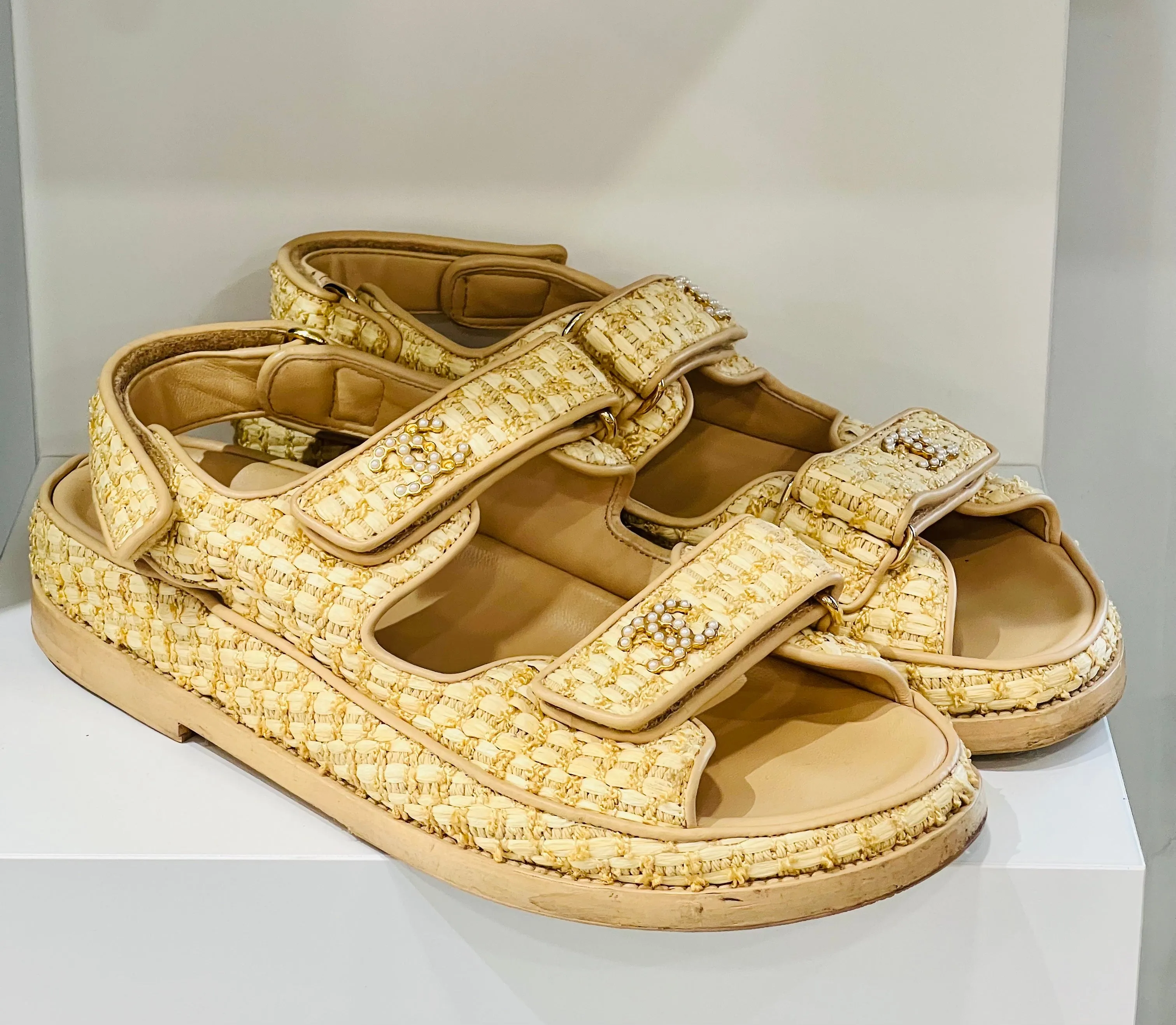 CHANEL BRAIDED RAFFIA VELCRO DAD SANDALS