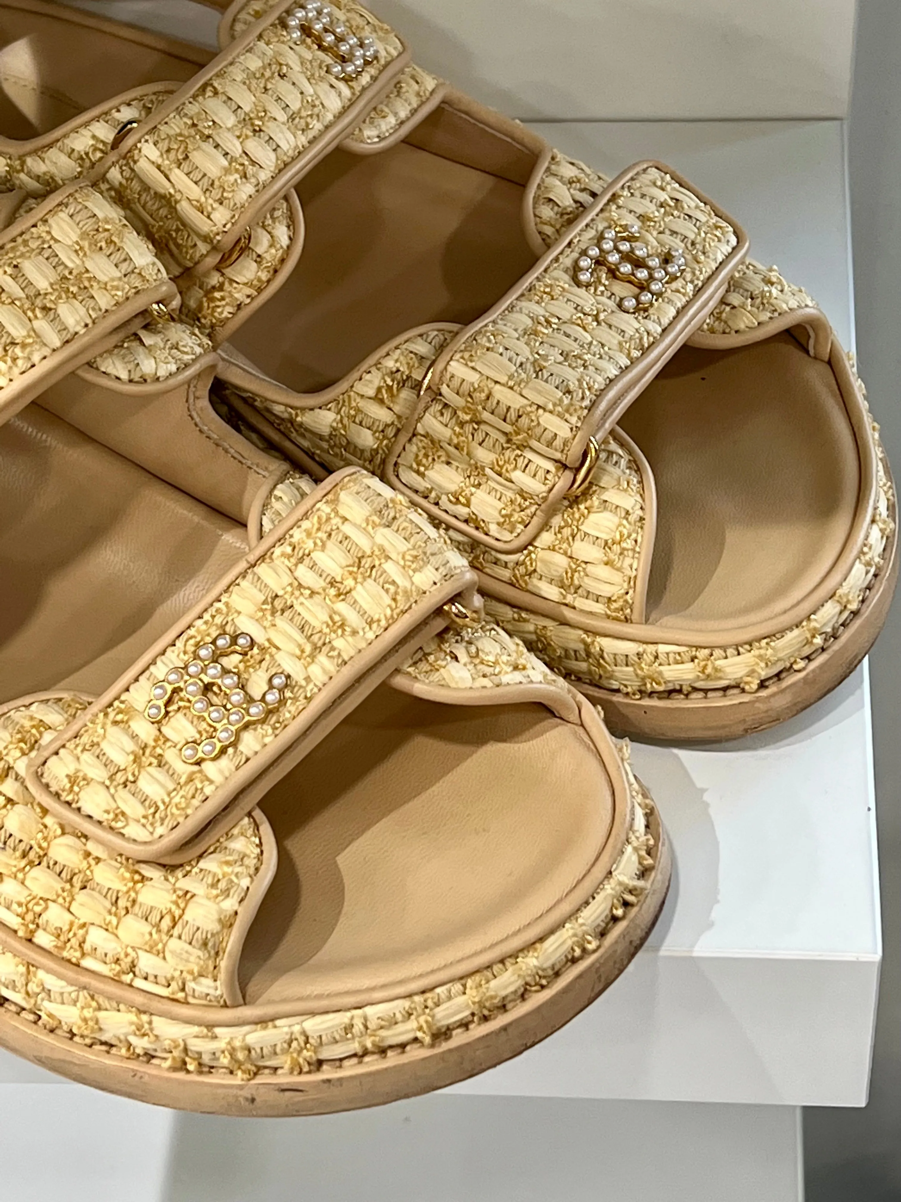 CHANEL BRAIDED RAFFIA VELCRO DAD SANDALS