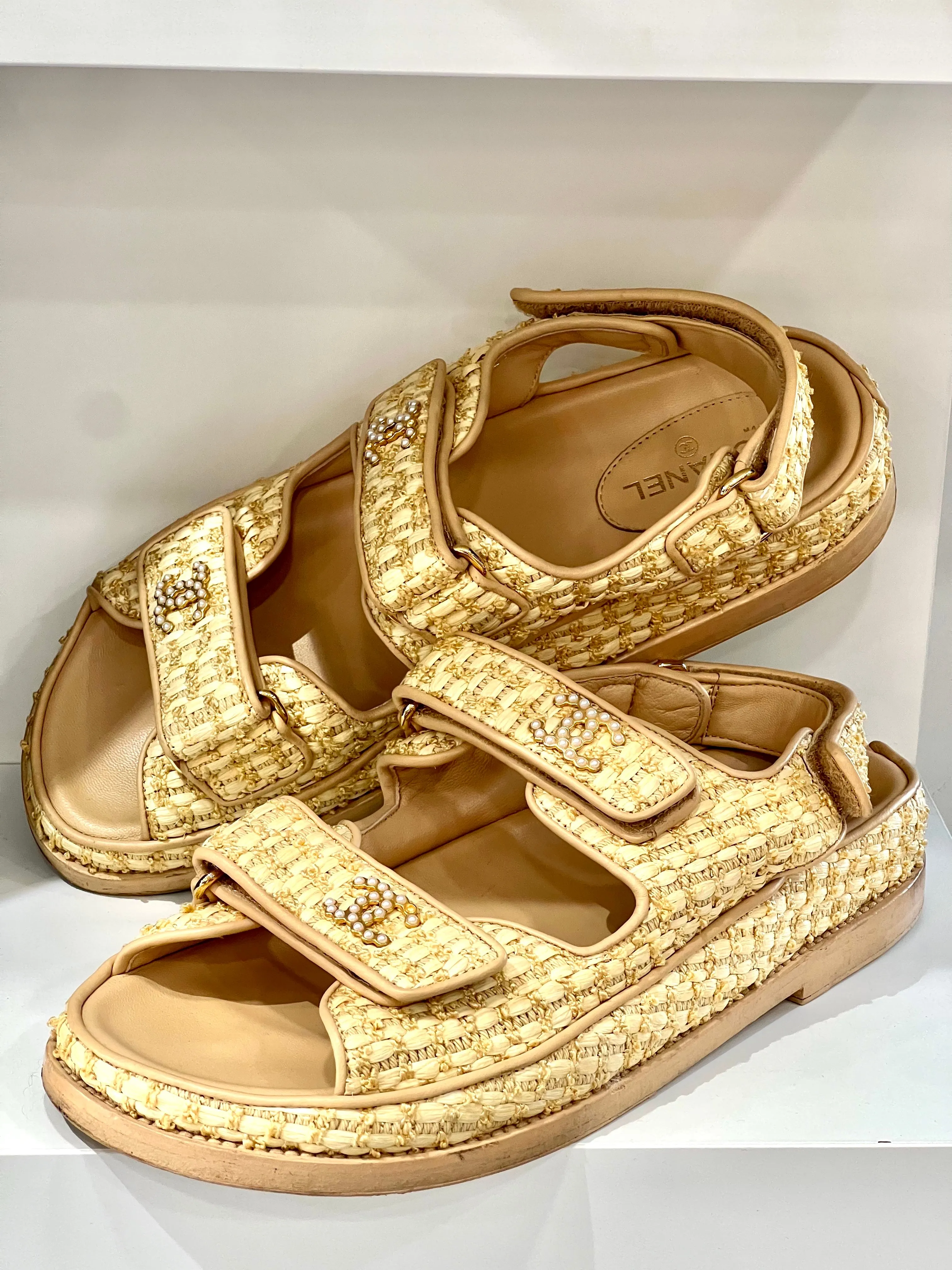 CHANEL BRAIDED RAFFIA VELCRO DAD SANDALS