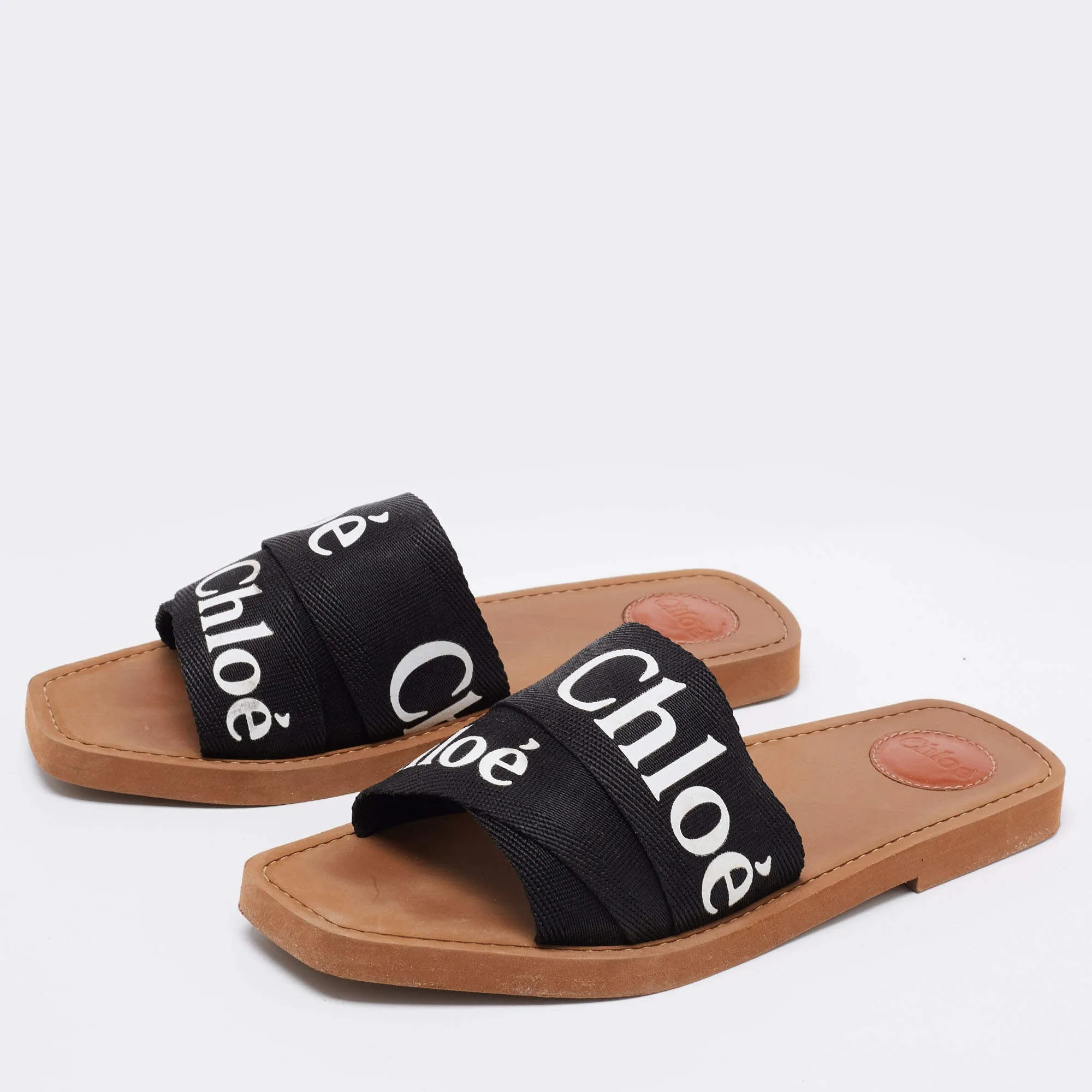 Chloe Black Canvas Logo Ribbon Woody Flat Sandals - Size 7
