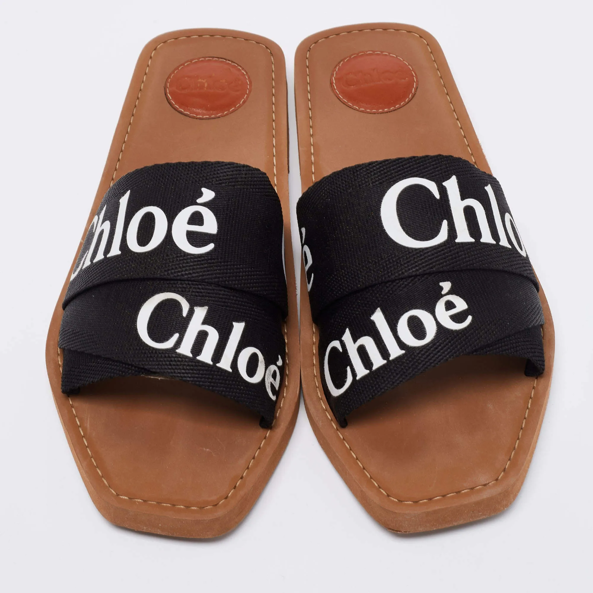 Chloe Black Canvas Logo Ribbon Woody Flat Sandals - Size 7