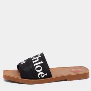 Chloe Black Canvas Logo Ribbon Woody Flat Sandals - Size 7