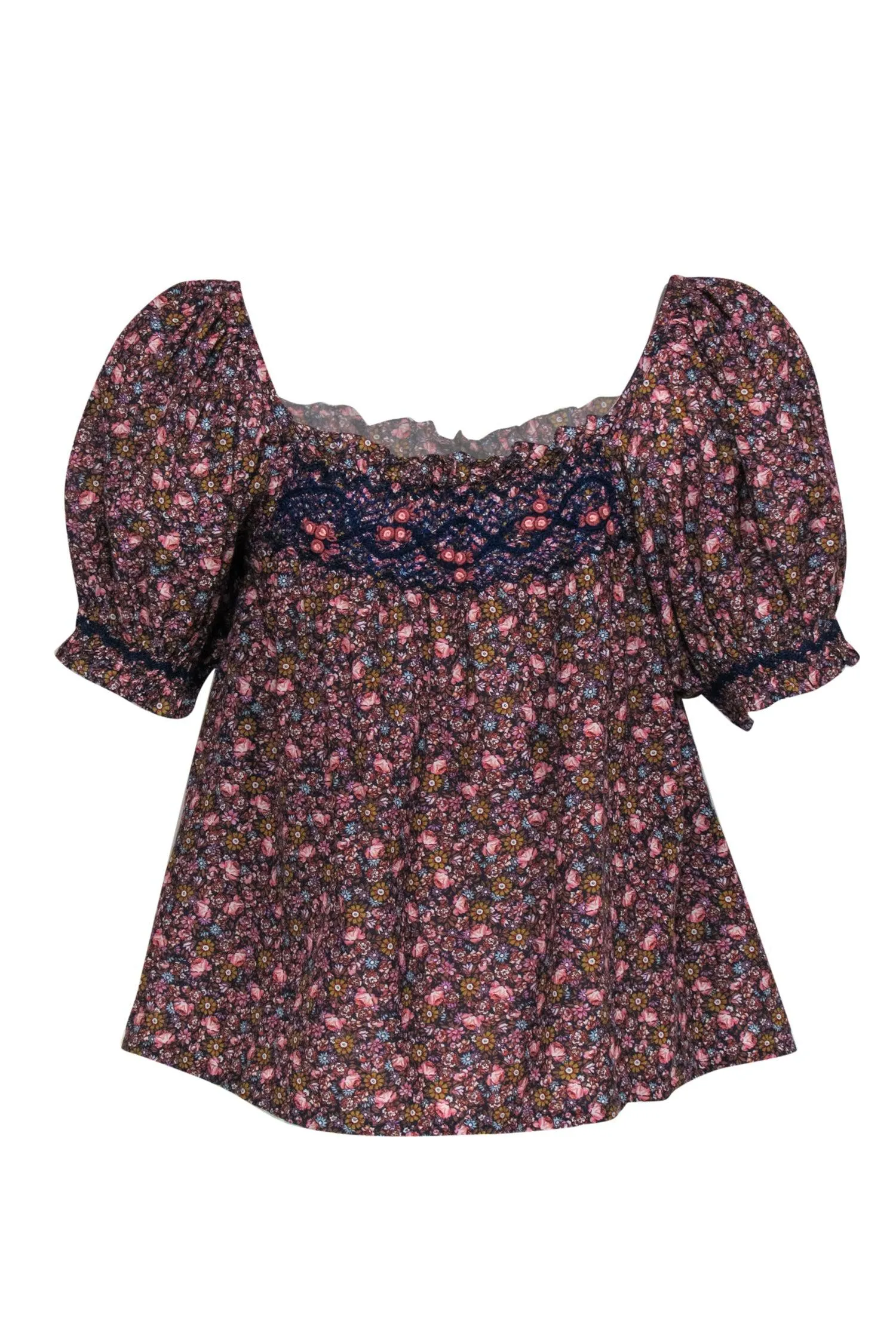 Doen - Multicolor Floral Print Embroidered Puff Sleeve Blouse Sz XS