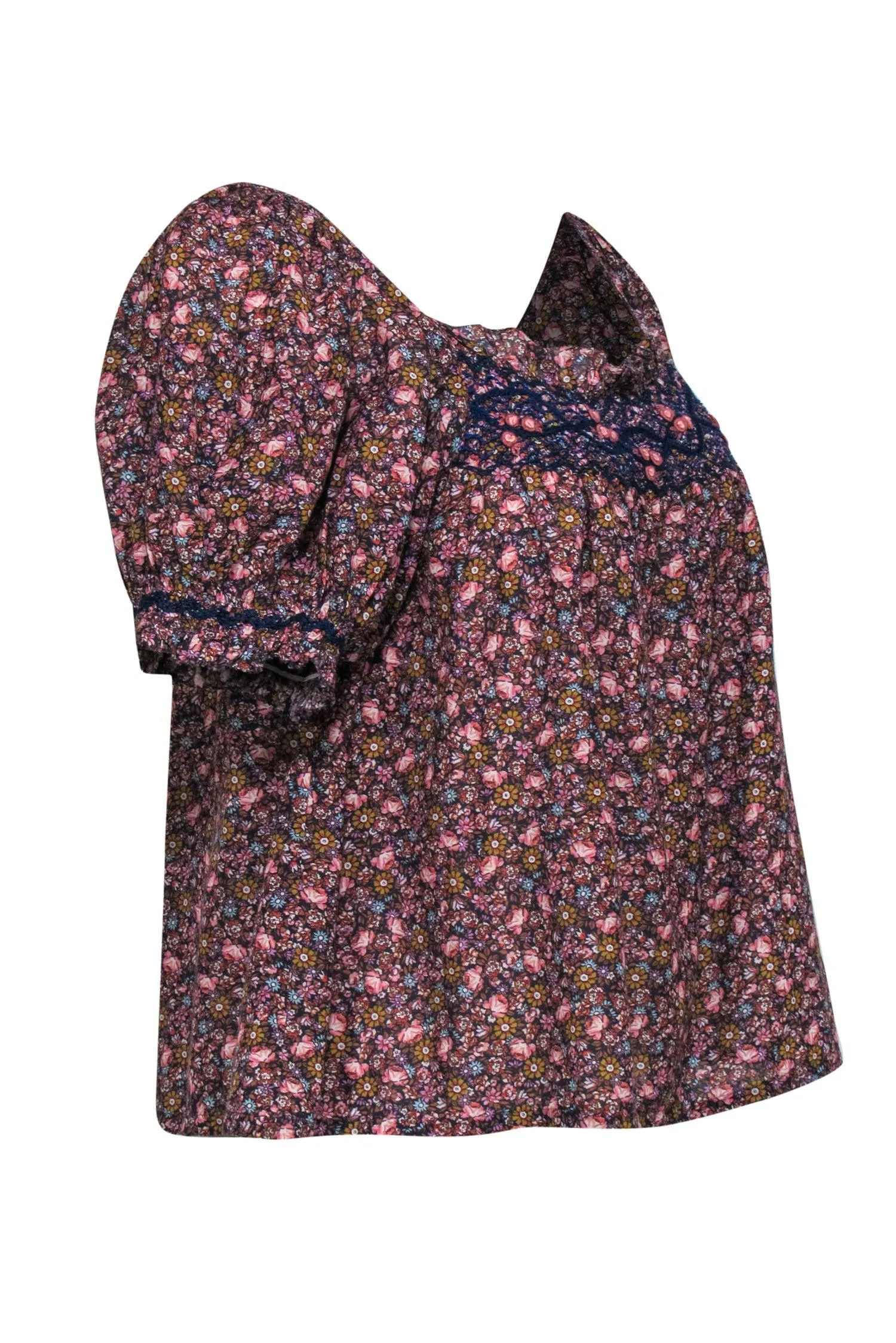 Doen - Multicolor Floral Print Embroidered Puff Sleeve Blouse Sz XS