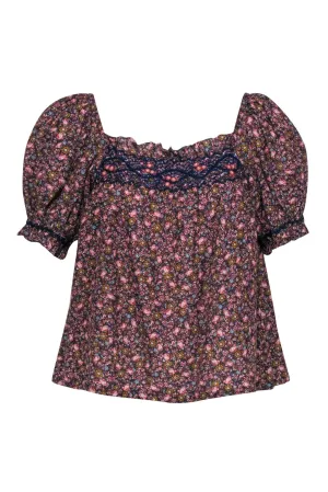 Doen - Multicolor Floral Print Embroidered Puff Sleeve Blouse Sz XS