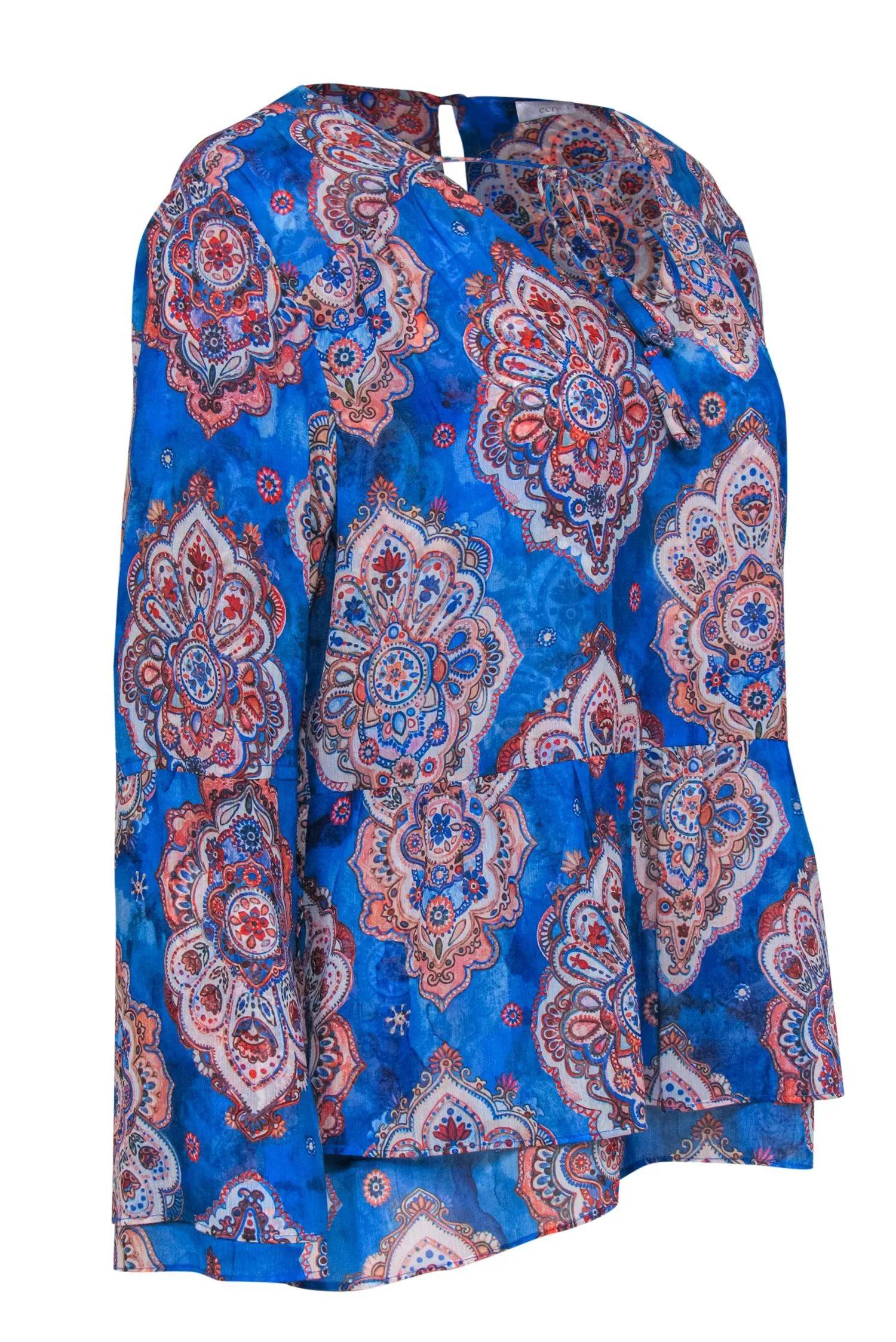 Ecru - Blue & Multicolor Bohemian Print Blouse w/ Tassels & Peplum Hem Sz L