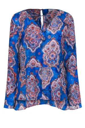 Ecru - Blue & Multicolor Bohemian Print Blouse w/ Tassels & Peplum Hem Sz L