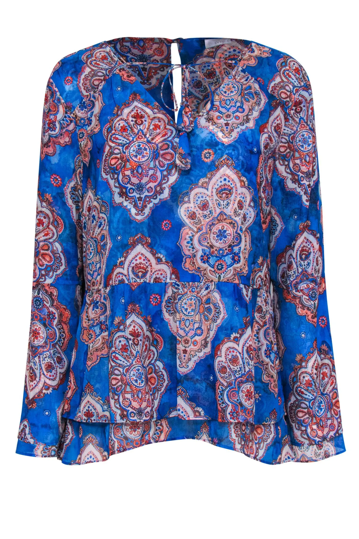Ecru - Blue & Multicolor Bohemian Print Blouse w/ Tassels & Peplum Hem Sz L