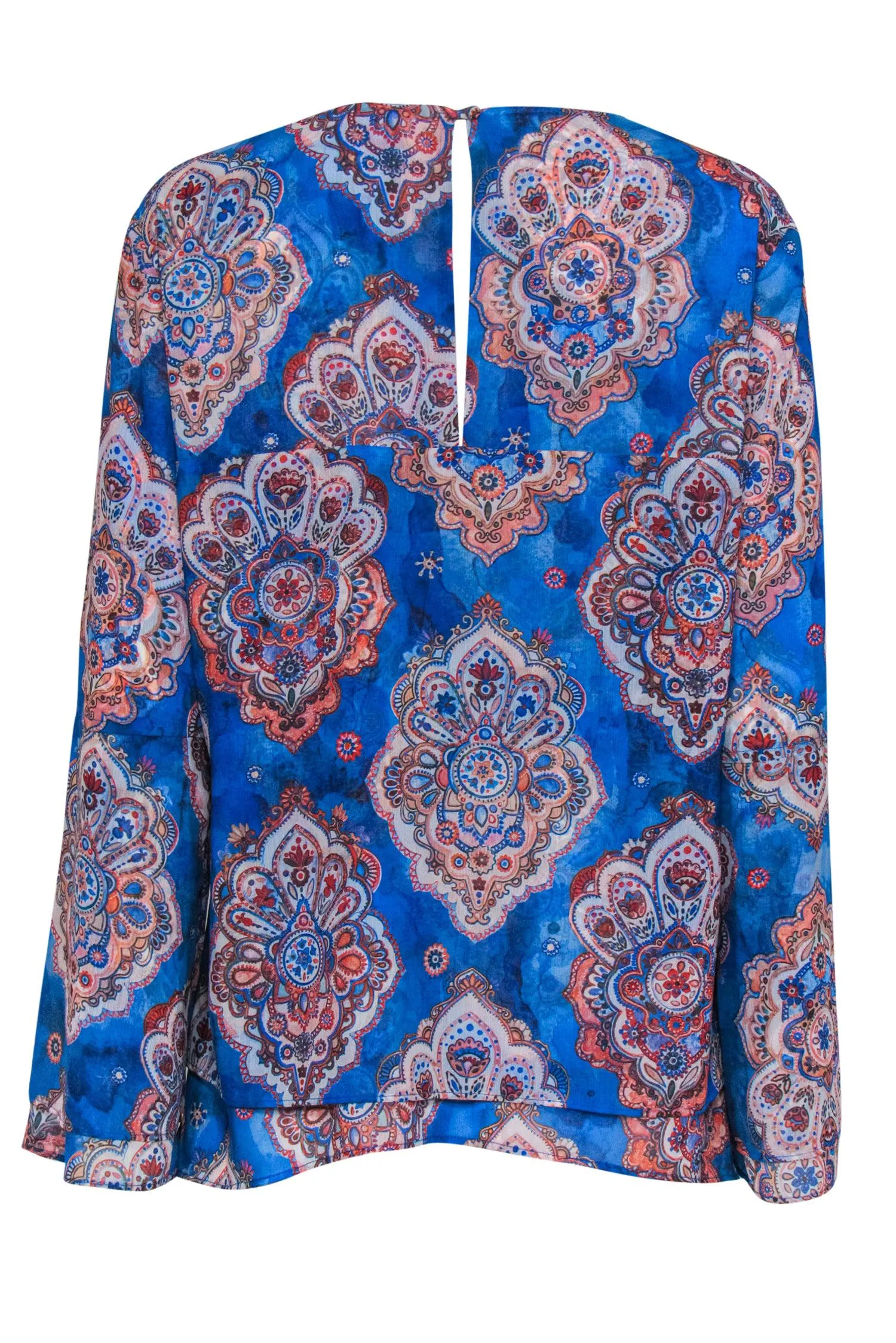 Ecru - Blue & Multicolor Bohemian Print Blouse w/ Tassels & Peplum Hem Sz L