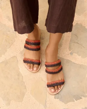 Raffia Stripes Leather Sandals - P36Y0 - Yucatán Orange Rust & Cocoa Three Bands