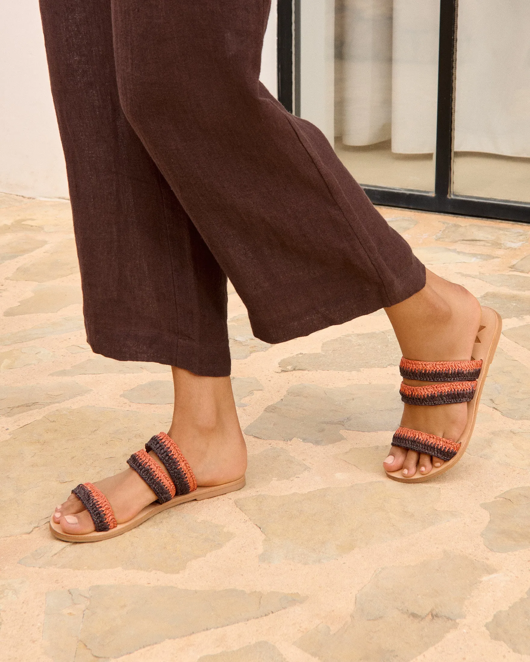 Raffia Stripes Leather Sandals - P36Y0 - Yucatán Orange Rust & Cocoa Three Bands