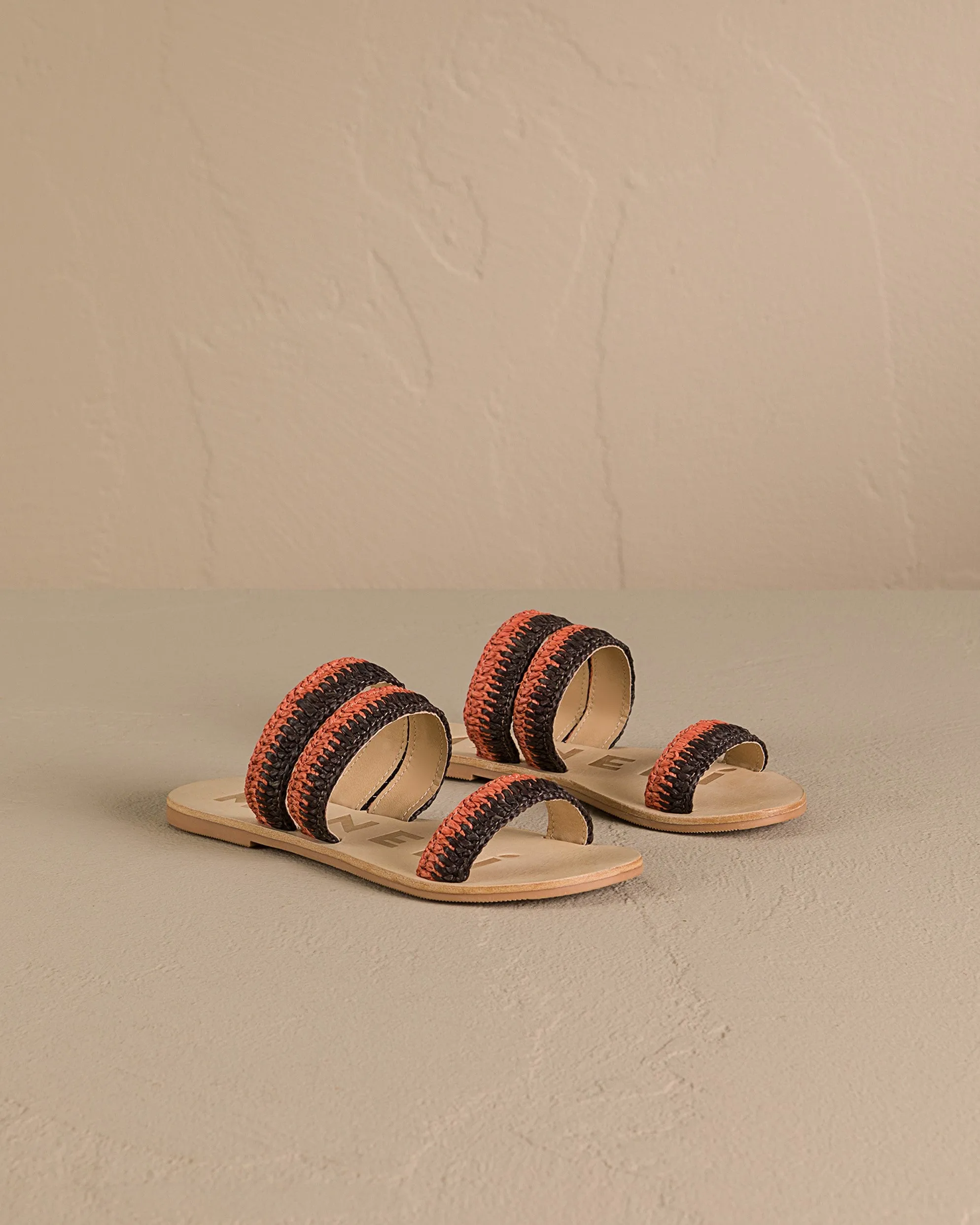 Raffia Stripes Leather Sandals - P36Y0 - Yucatán Orange Rust & Cocoa Three Bands