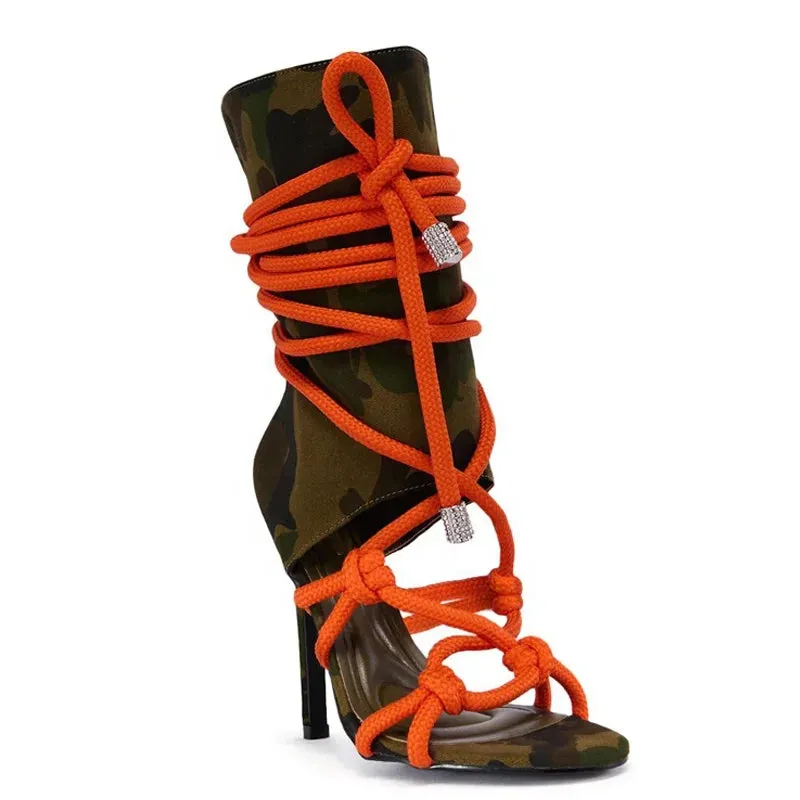 Trend4us Women's Camouflage Lace-Up Stiletto Sandals