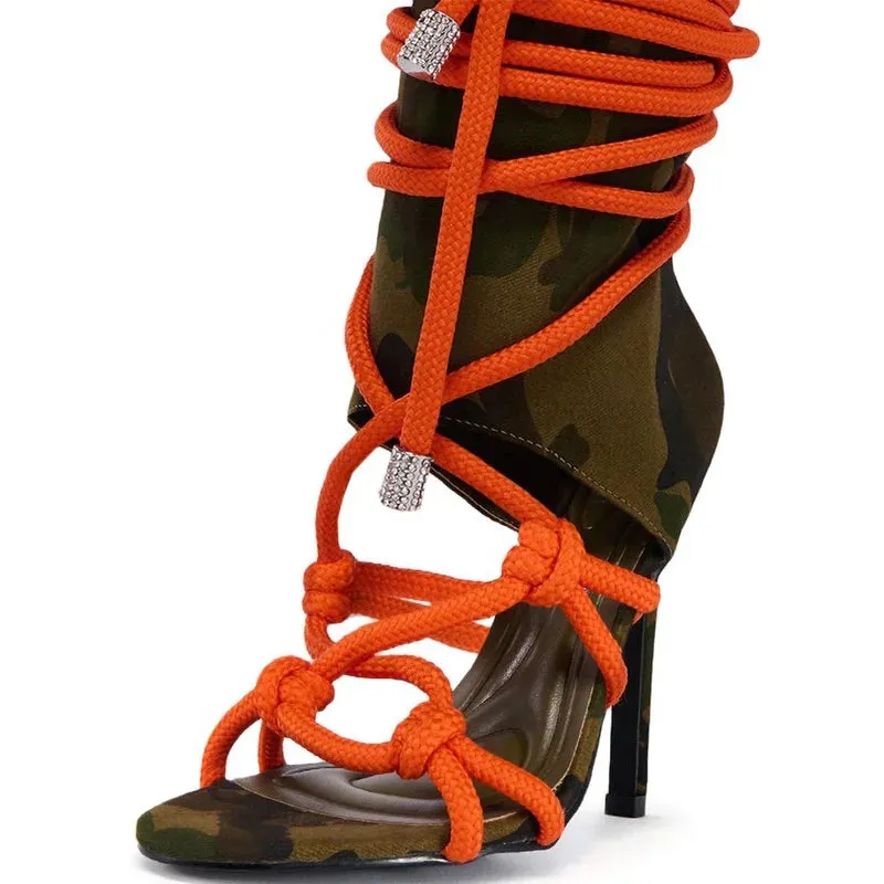 Trend4us Women's Camouflage Lace-Up Stiletto Sandals