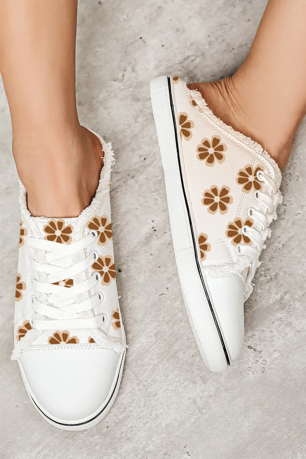 White Flower Print Raw Hem Slip On Canvas Shoes